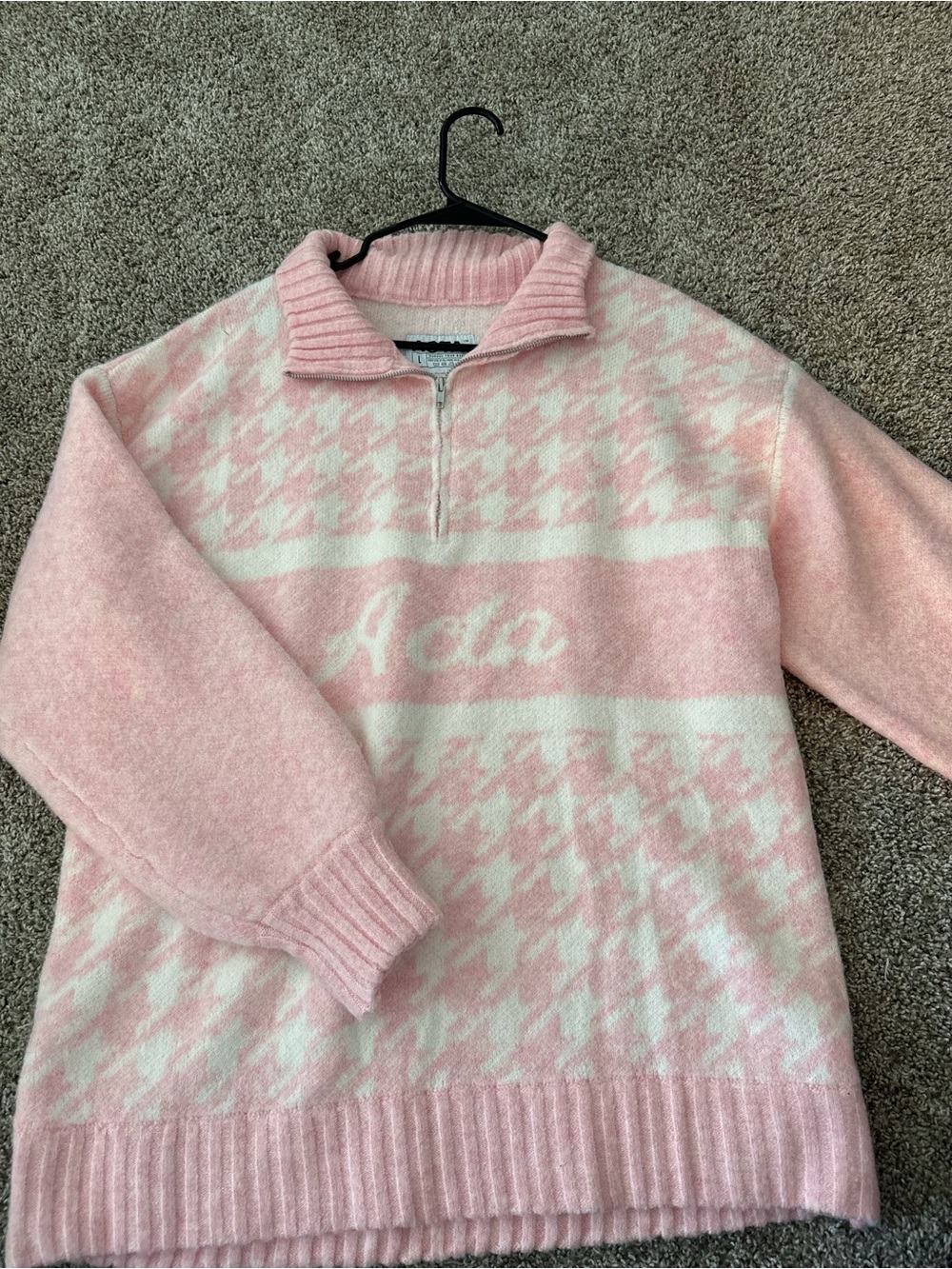 ACTA x HALLE Pink Houndstooth Half-Zip Sweater